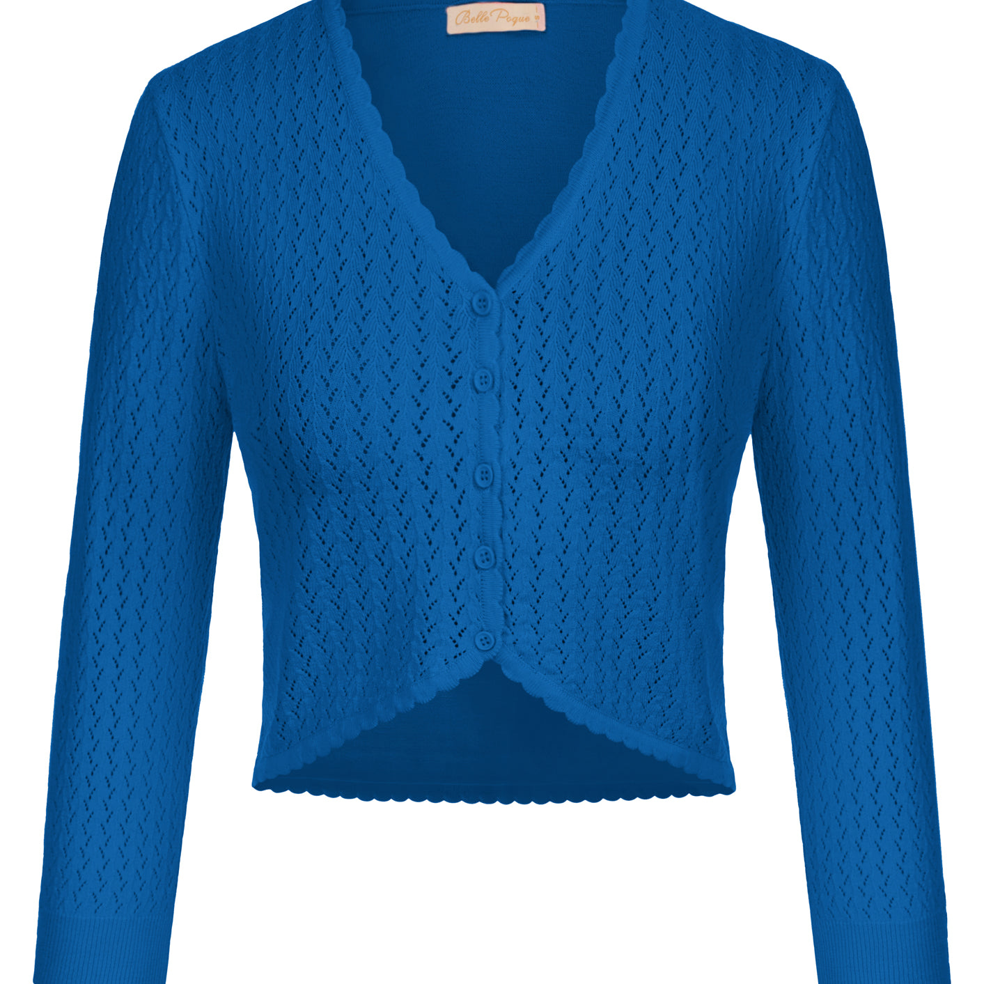 belle poque Hollowed-Out Cardigan 3/4 Sleeve V-Neck Button-up Cropped Knitwear Blue