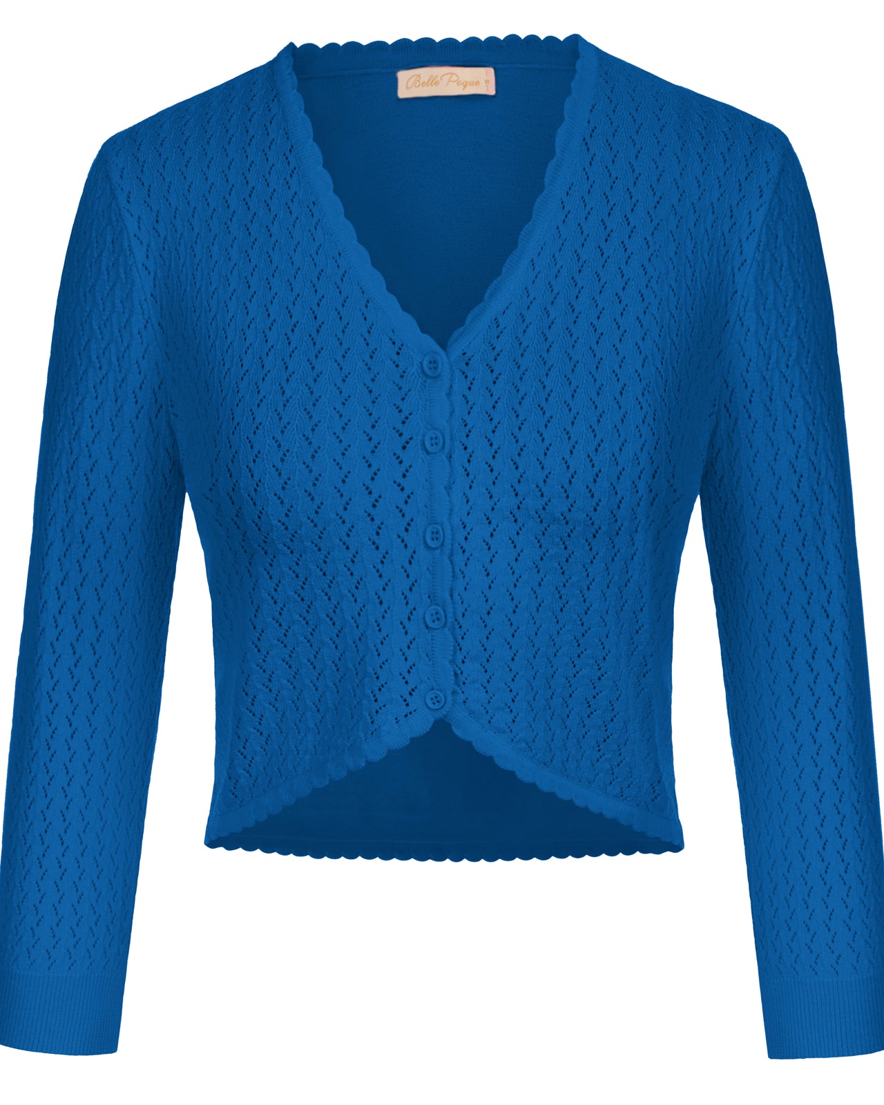 belle poque Hollowed-Out Cardigan 3/4 Sleeve V-Neck Button-up Cropped Knitwear Blue