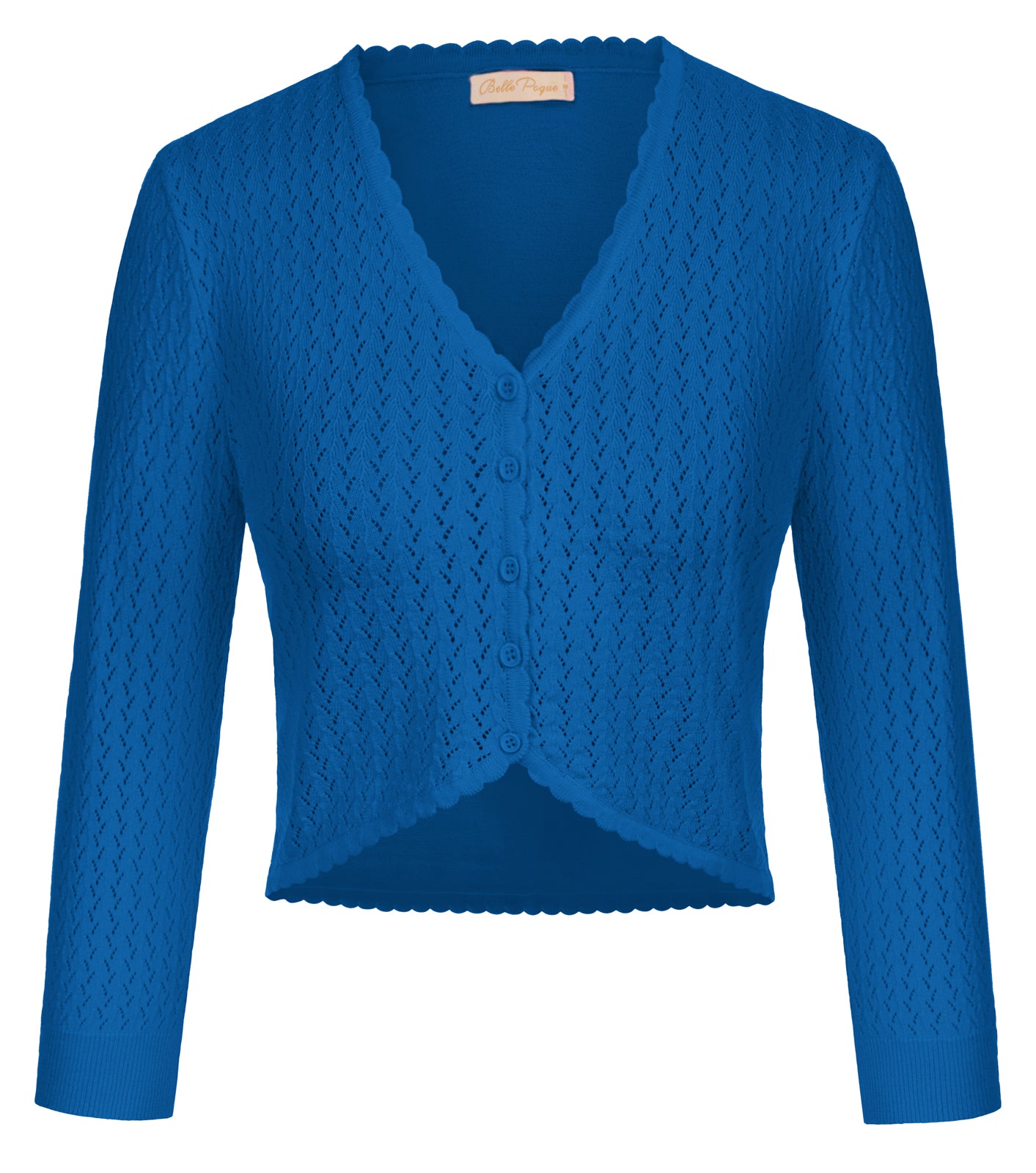 belle poque Hollowed-Out Cardigan 3/4 Sleeve V-Neck Button-up Cropped Knitwear Blue