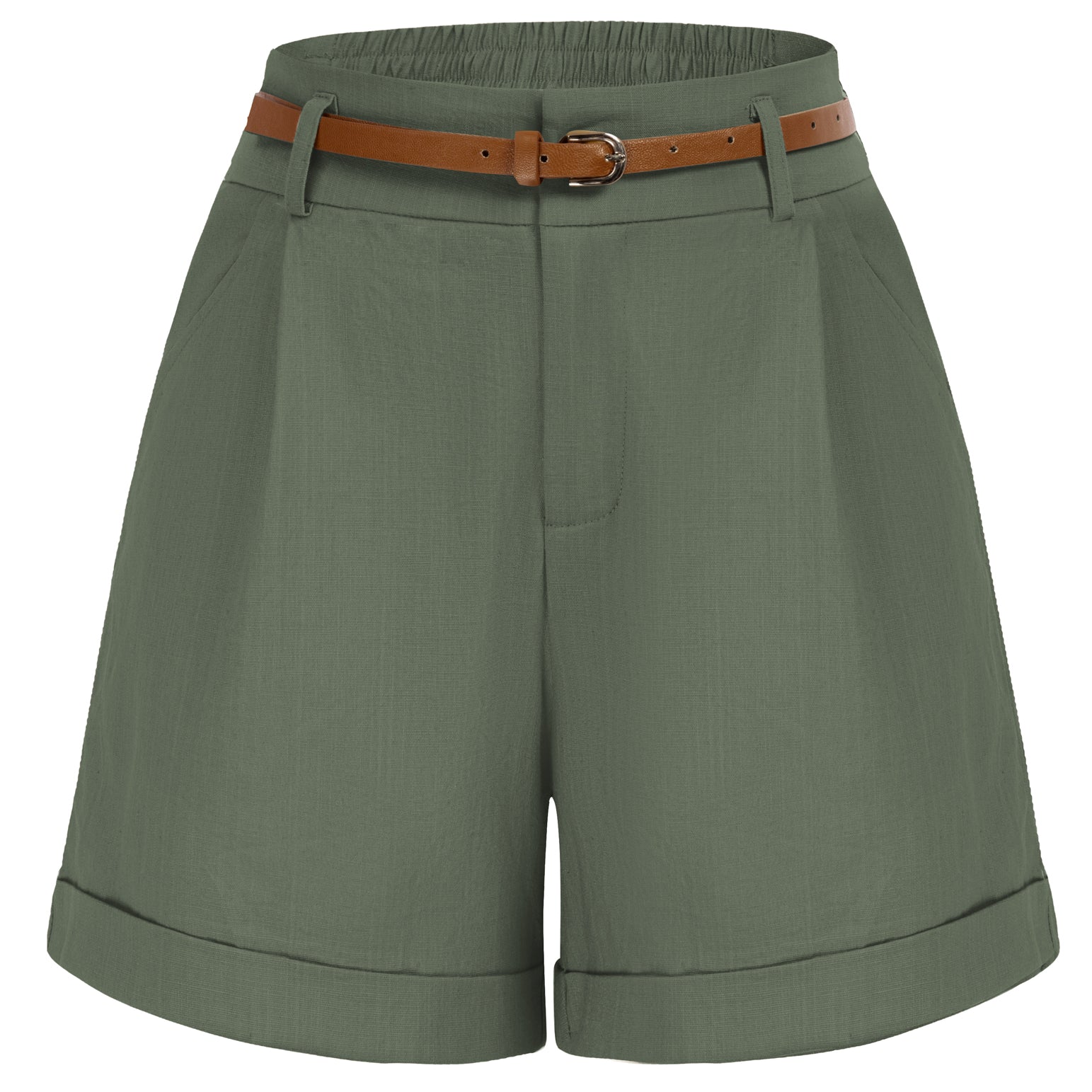 belle poque Elastic Waist Fold-up Leg Opening Cotton Shorts with Belt Artichoke
