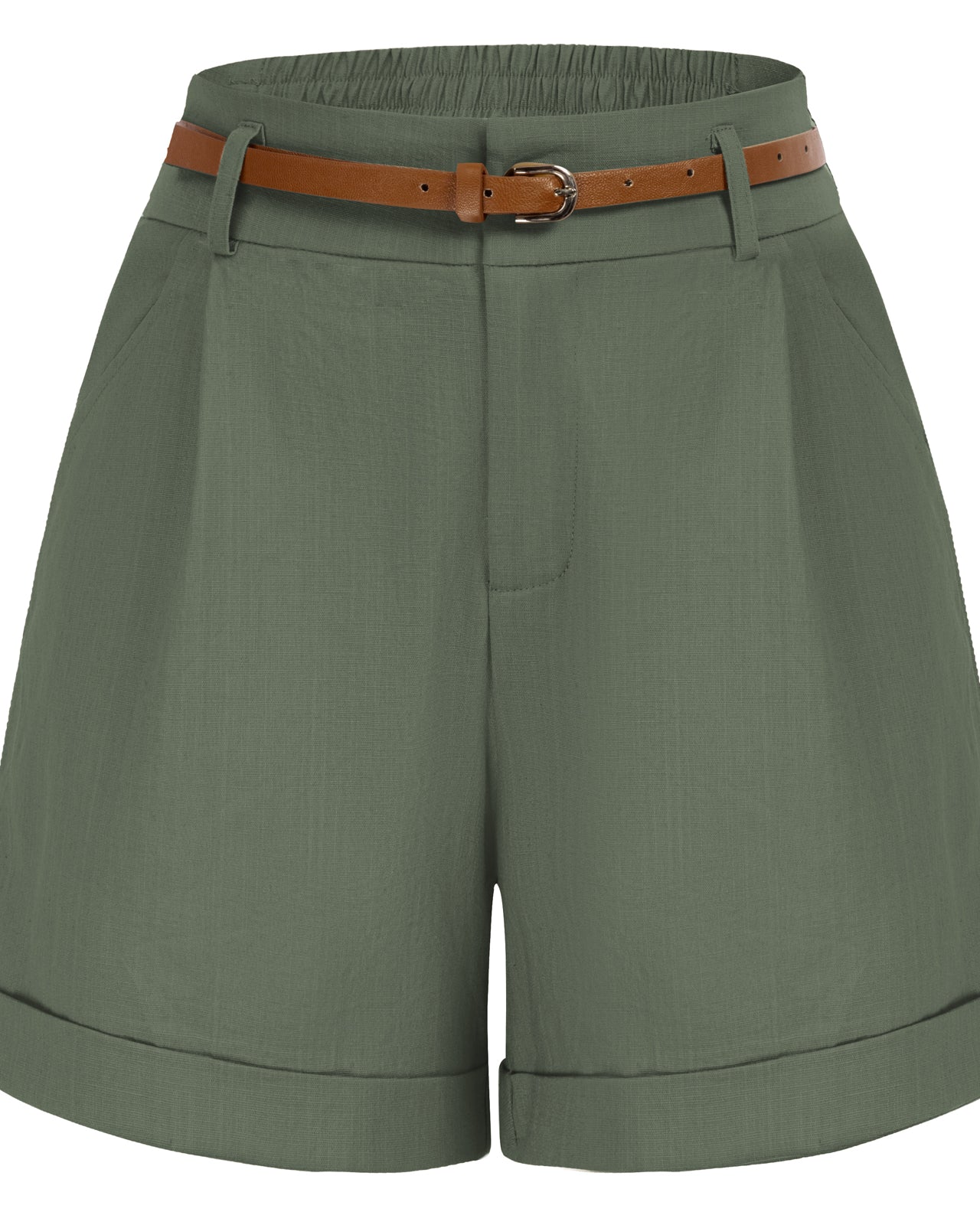 belle poque Elastic Waist Fold-up Leg Opening Cotton Shorts with Belt Artichoke