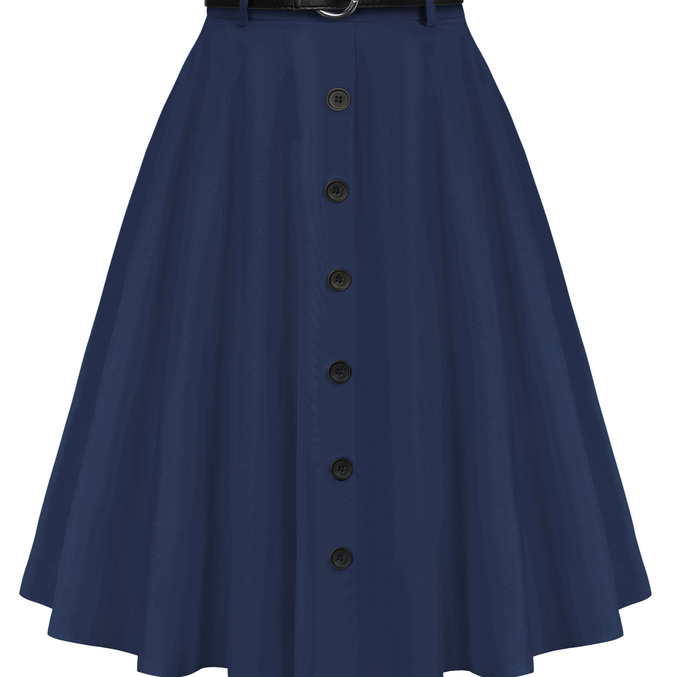 belle poque Swing Skirt with Belt Elastic High Waist Buttons Decorated Skirt Dark blue