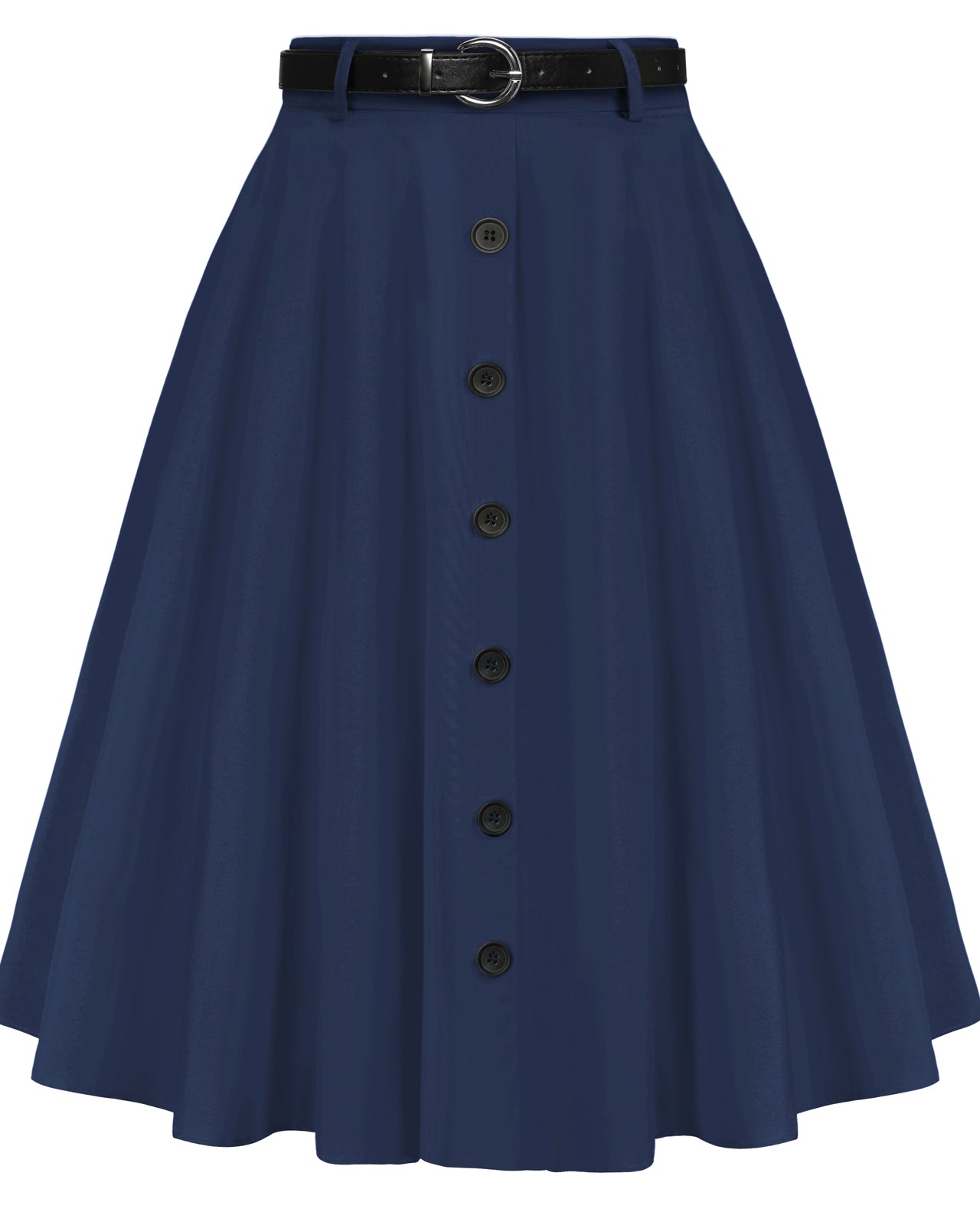 belle poque Swing Skirt with Belt Elastic High Waist Buttons Decorated Skirt Dark blue