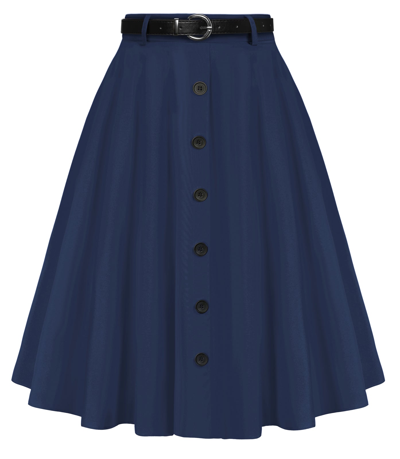 belle poque Swing Skirt with Belt Elastic High Waist Buttons Decorated Skirt Dark blue