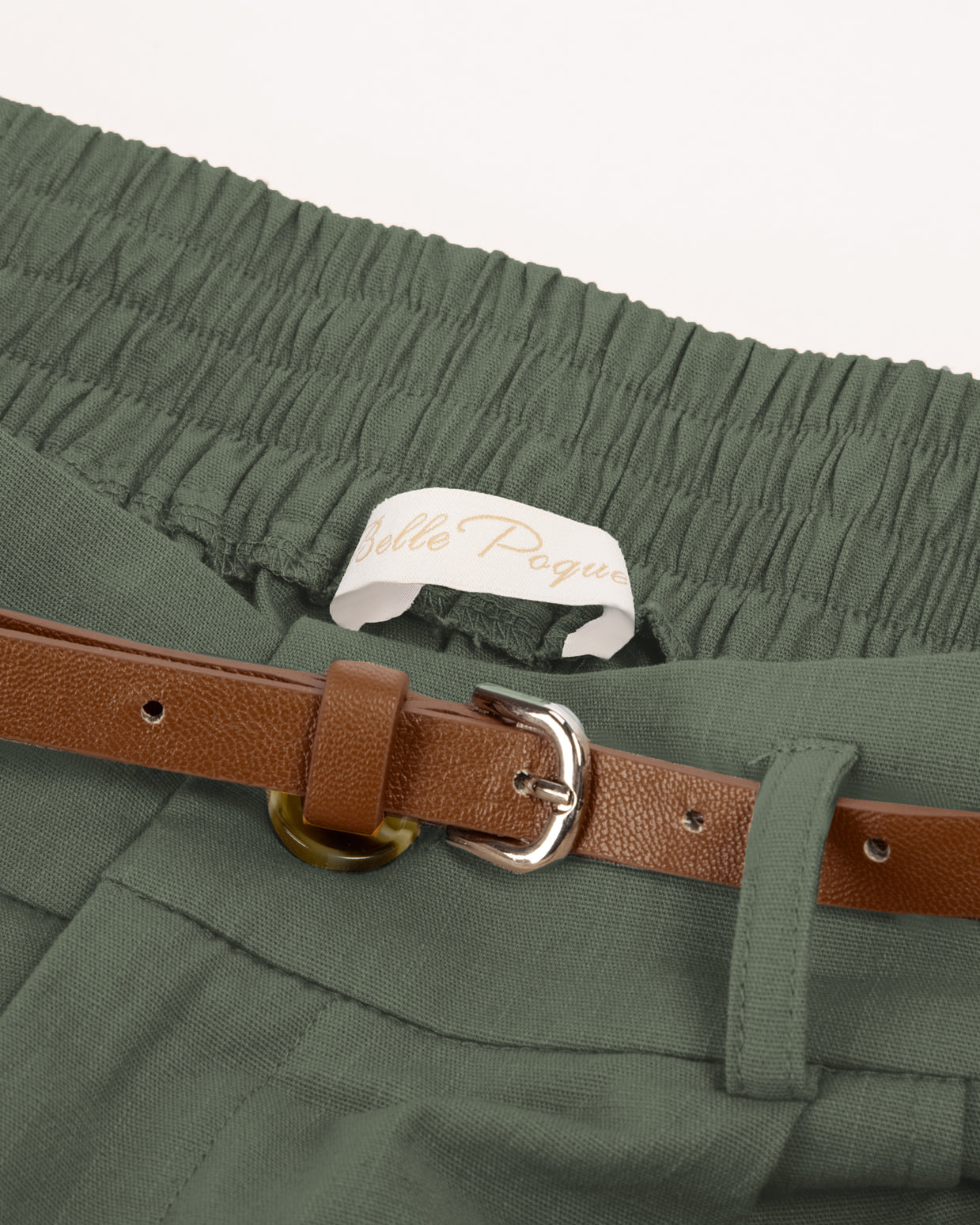 belle poque Elastic Waist Fold-up Leg Opening Cotton Shorts with Belt