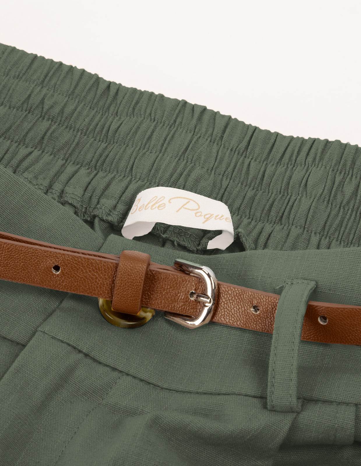 belle poque Elastic Waist Fold-up Leg Opening Cotton Shorts with Belt