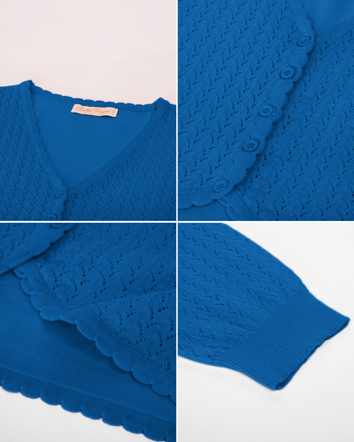 belle poque Hollowed-Out Cardigan 3/4 Sleeve V-Neck Button-up Cropped Knitwear