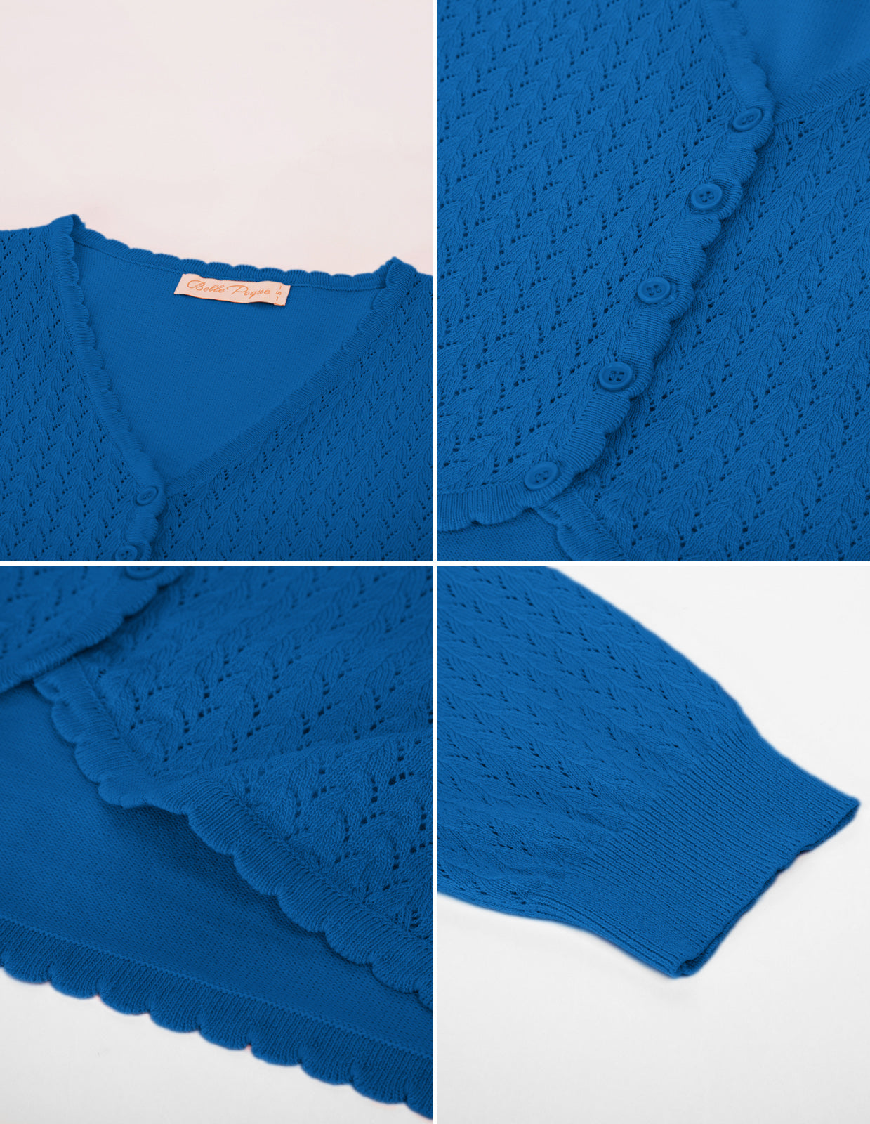 belle poque Hollowed-Out Cardigan 3/4 Sleeve V-Neck Button-up Cropped Knitwear