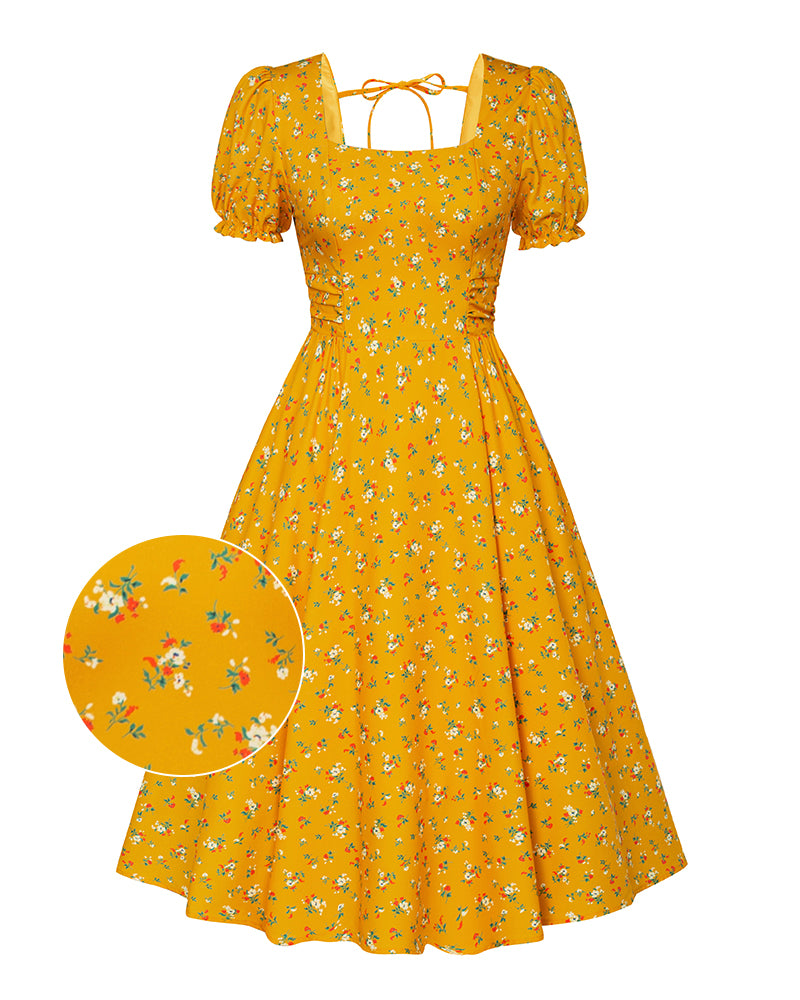 belle poque Vintage Daisy Flower Print Cottagecore Cocktail Dresses Square Neck Puff Sleeve Dress with Pockets