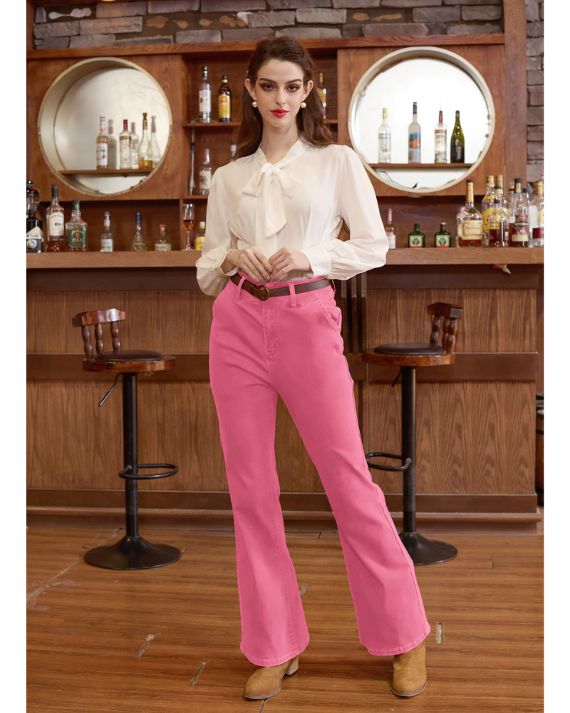 belle poque Seckill Offer⌛Vintage High Waisted Flare Jeans with Belt Bootcut Stretchy Denim Pants