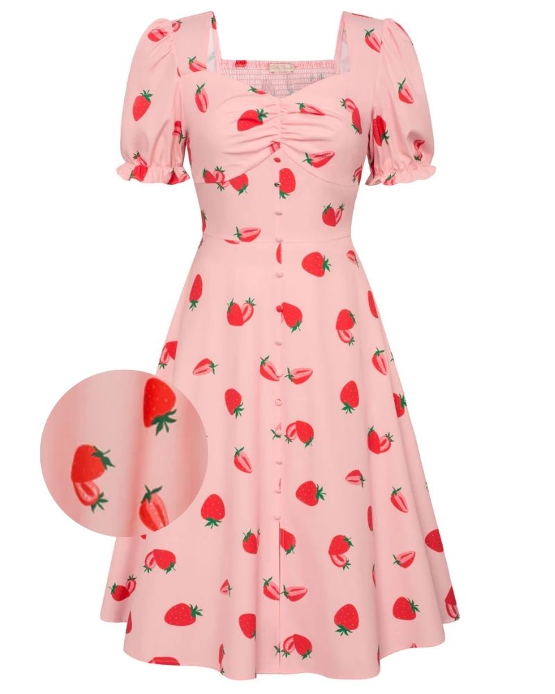 belle poque Vintage Strawberry Patterns Front Slit Dress Puffed Short Sleeve Sweetheart Neck Dress