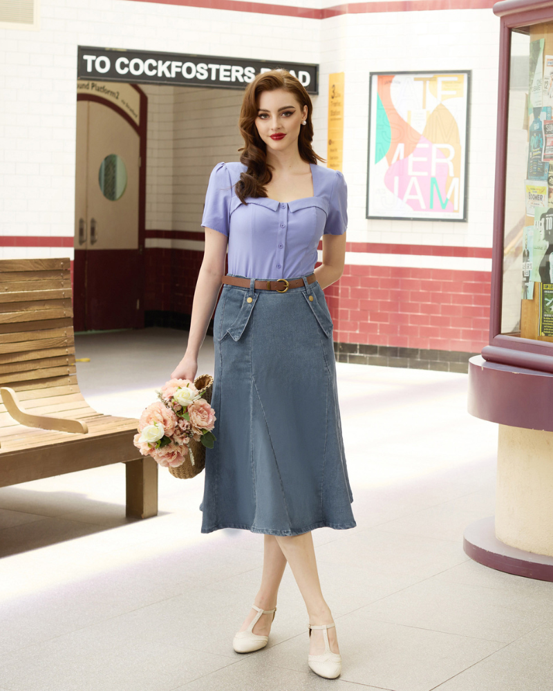 belle poque Denim Skirts Knee Length Vintage Elastic High Waist A-Line Midi Jean Skirts with Pockets