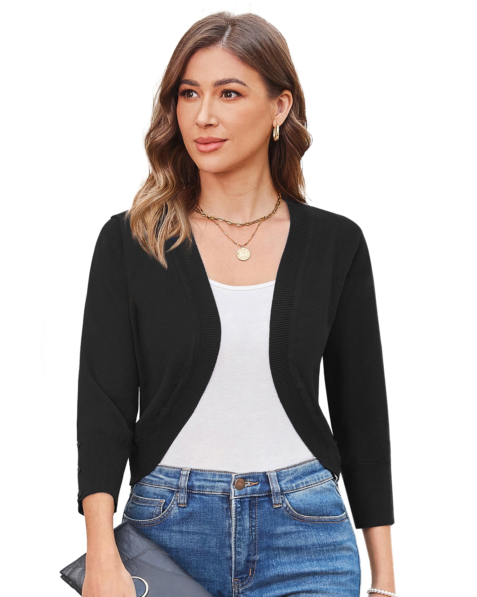 belle poque 3/4 Sleeve Bolero Shrug Open Front Knit Cropped Cardigan Sweater