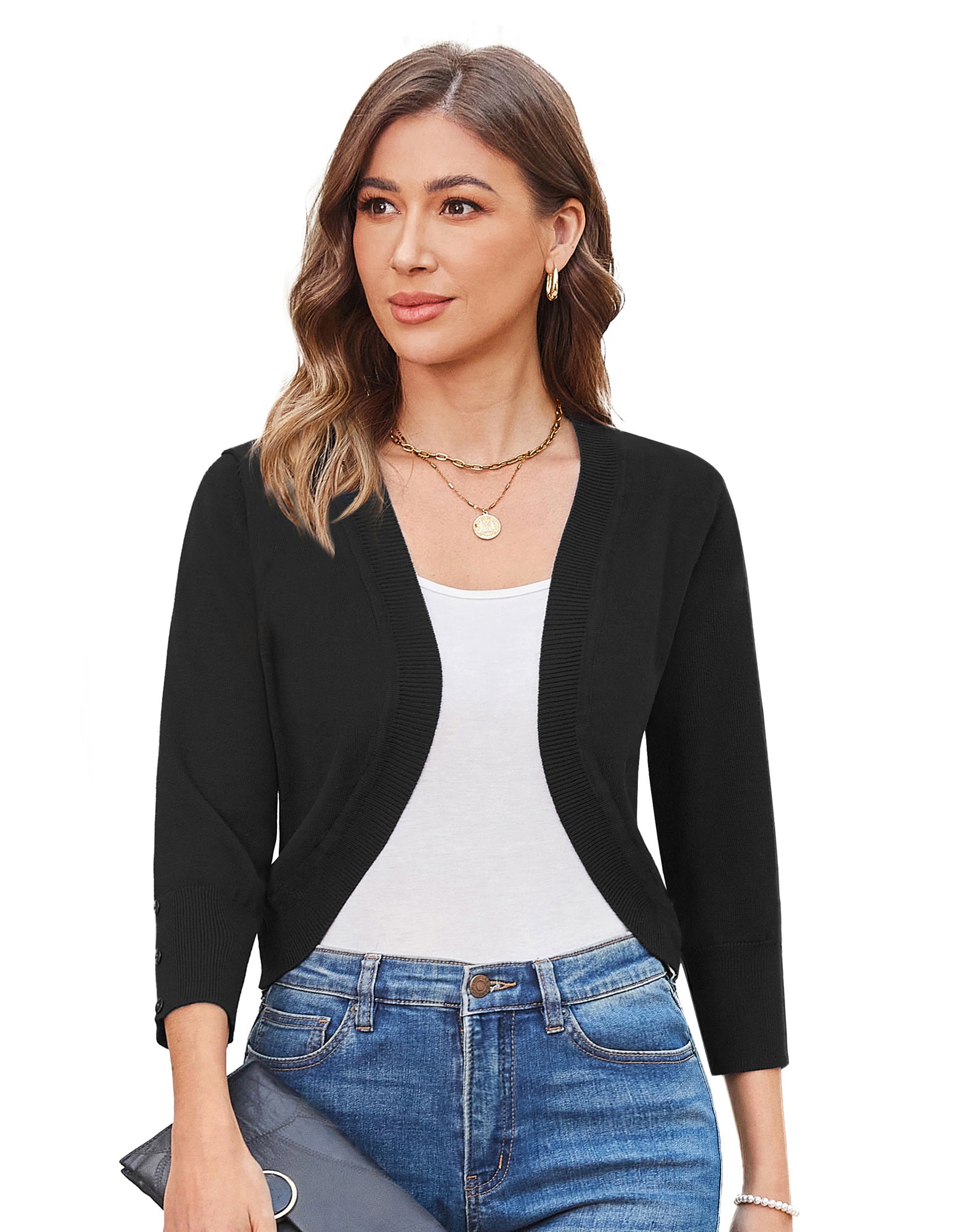 belle poque 3/4 Sleeve Bolero Shrug Open Front Knit Cropped Cardigan Sweater