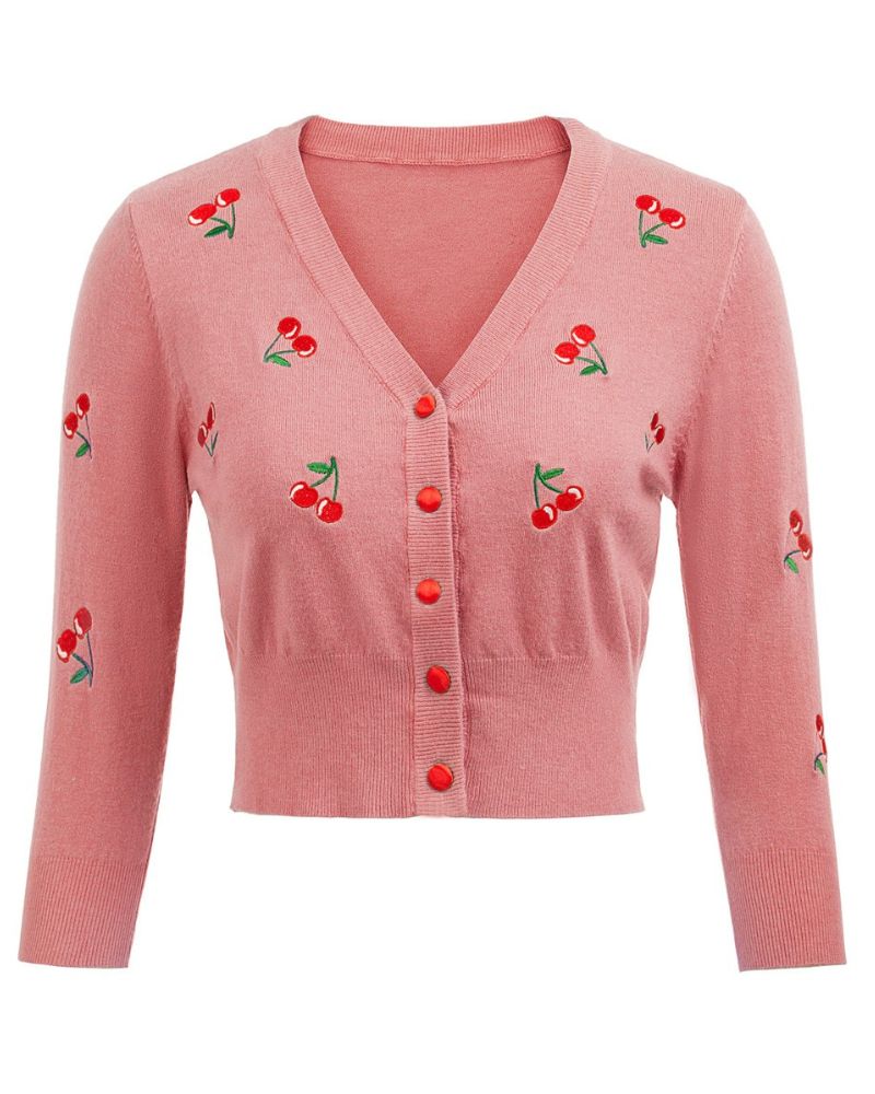 belle poque 3/4 Sleeve V-Neck Button Down Cherries Embroidery Cropped Cardigan Sweater Coat