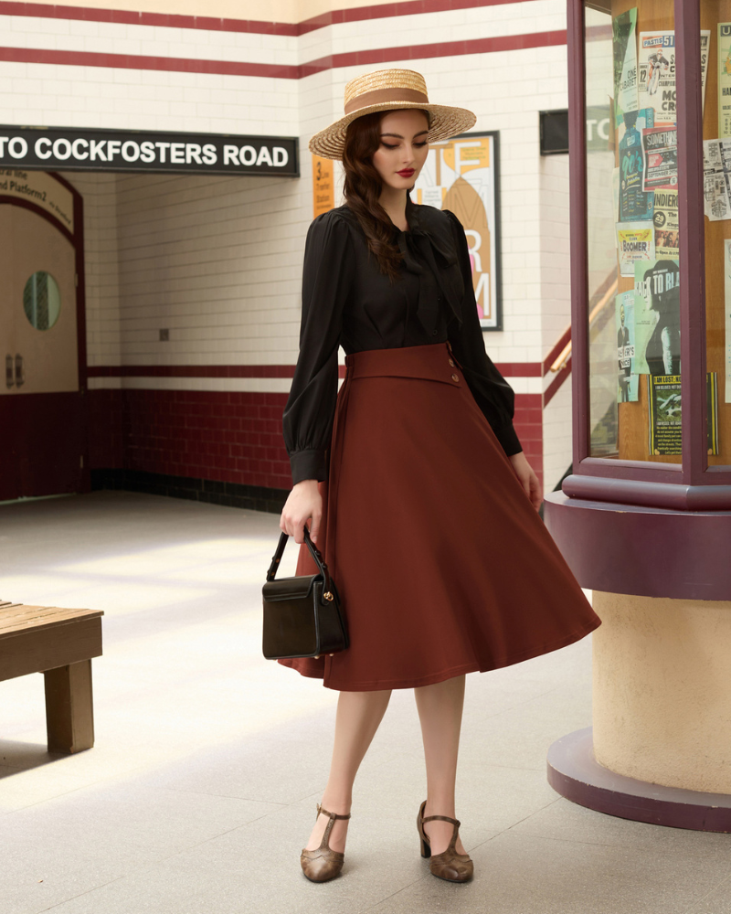 belle poque Vintage A-Line Skirt High Waisted Midi Skirt with Pockets & Buttons