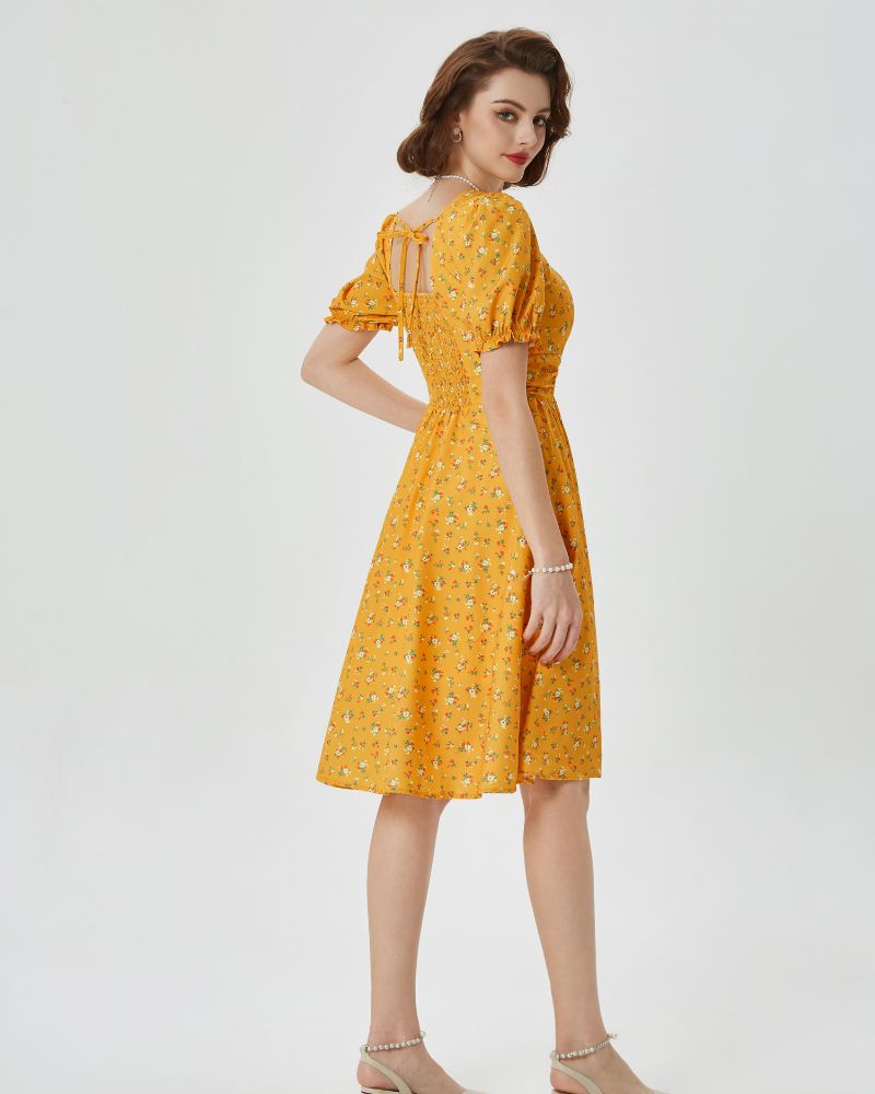 belle poque Vintage Daisy Flower Print Cottagecore Cocktail Dresses Square Neck Puff Sleeve Dress with Pockets