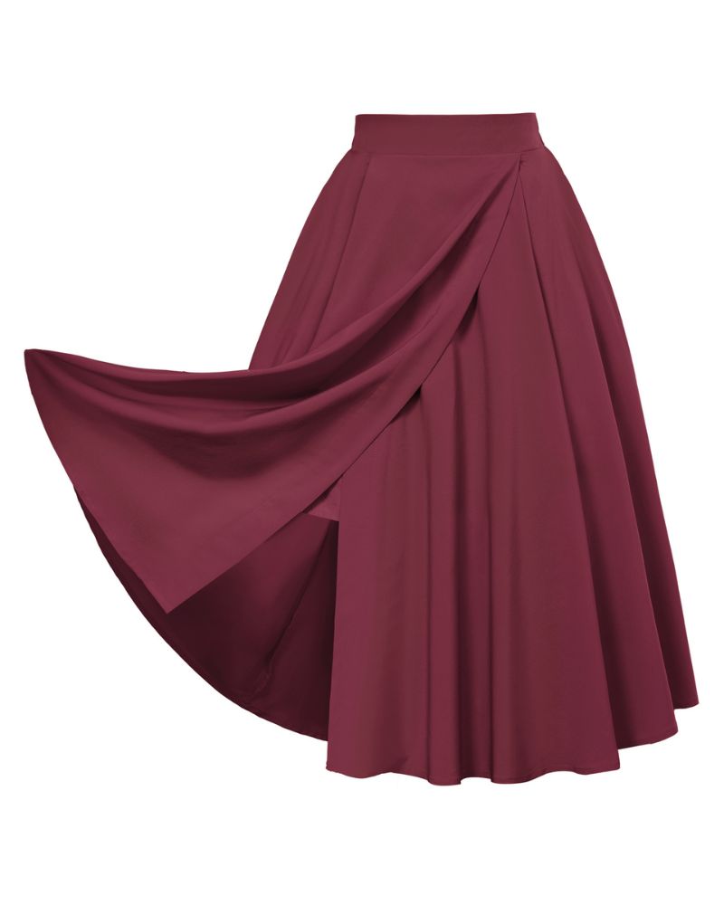 belle poque Vintage Skirts with Side Slit High Waisted Midi A-Line Flowy Skirts with Pockets