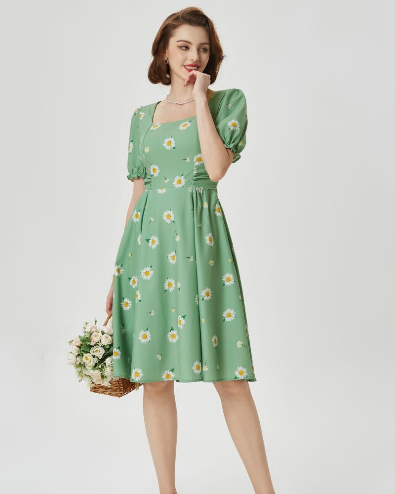 belle poque 1950s Vintage Spring Cottagecore Dresses Puff Sleeve Dress with Pockets