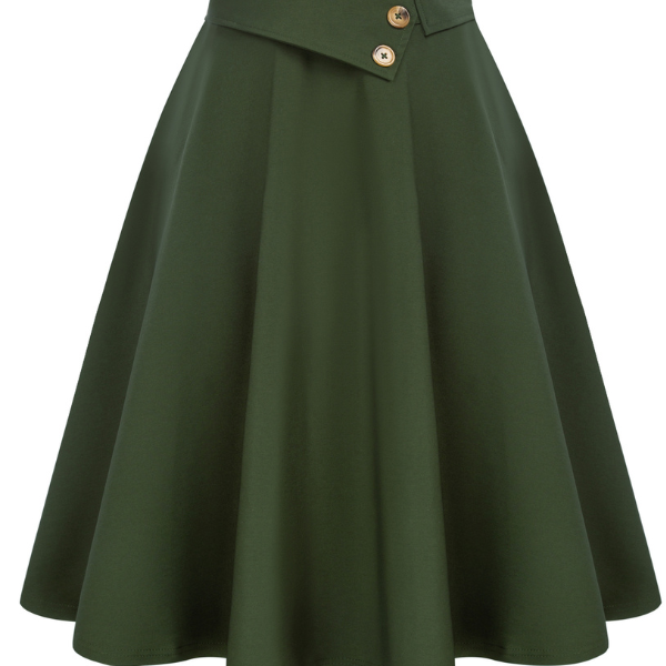 belle poque Vintage A-Line Skirt High Waisted Midi Skirt with Pockets & Buttons Dark Green