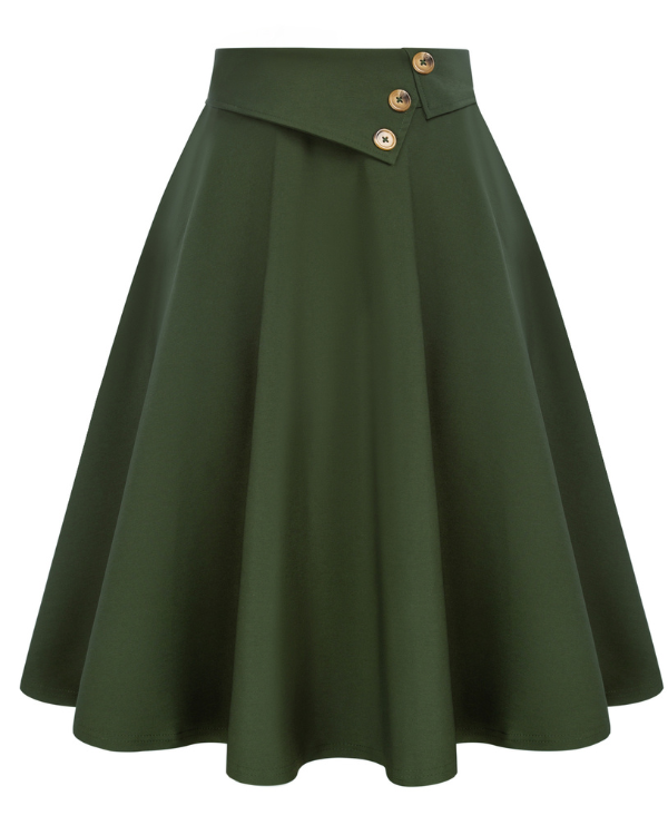 belle poque Vintage A-Line Skirt High Waisted Midi Skirt with Pockets & Buttons Dark Green