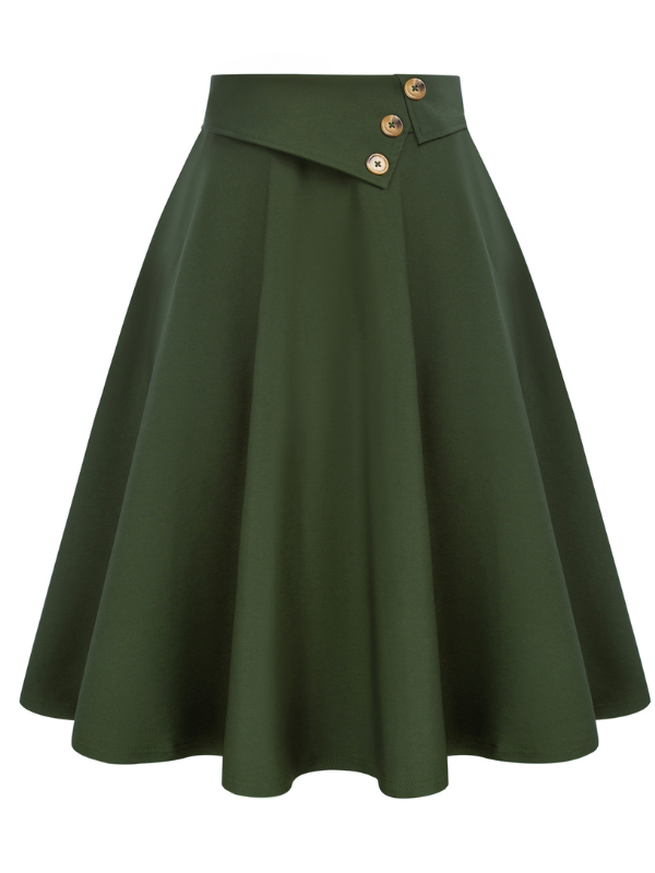 belle poque Vintage A-Line Skirt High Waisted Midi Skirt with Pockets & Buttons Dark Green