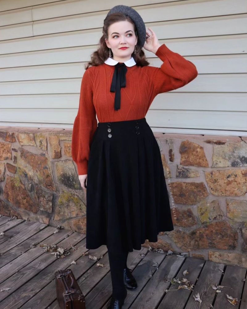 belle poque Women's Vintage Pleated Buttons Elastic Waist High A-Line Skirt