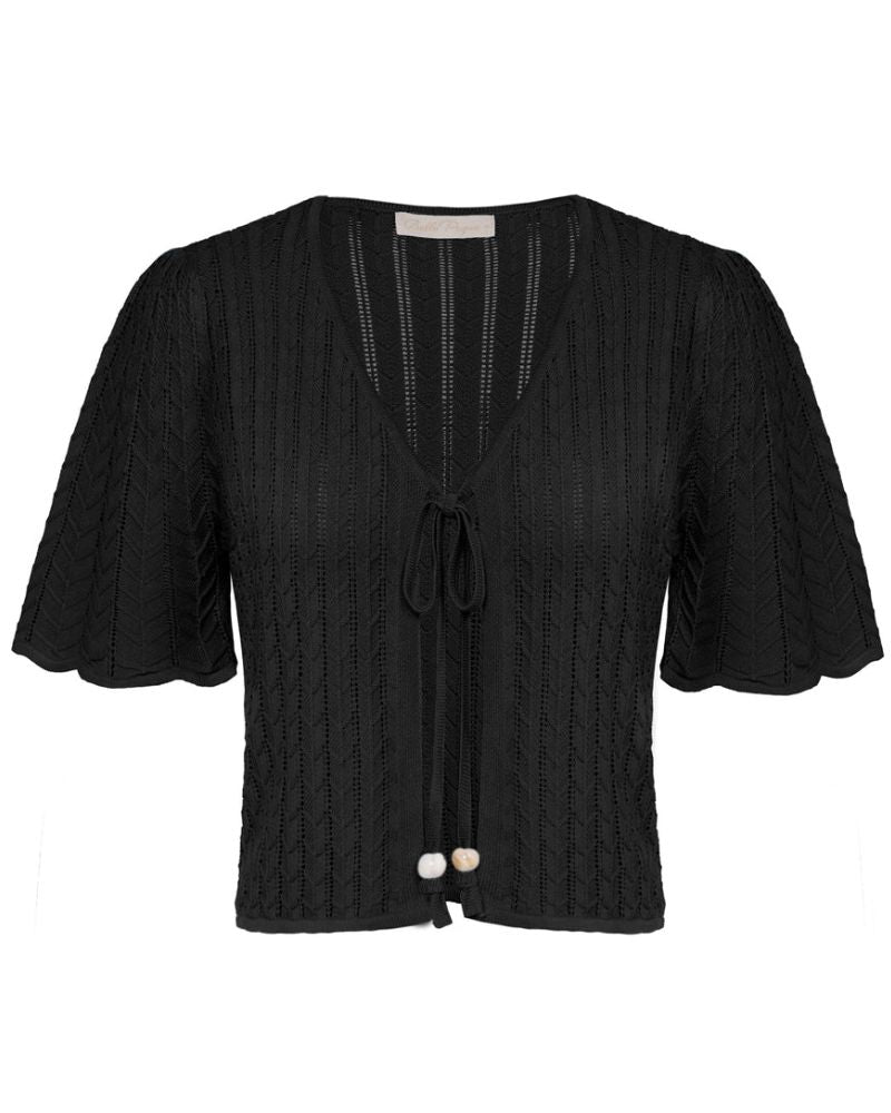 belle poque Summer Lightweight Bolero Shrug Tie Front 1/2 Sleeve Open Front Knit Cropped Cardigan Black
