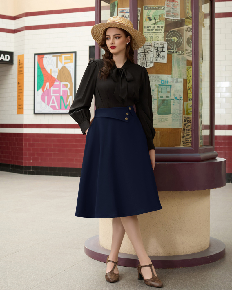 belle poque Vintage A-Line Skirt High Waisted Midi Skirt with Pockets & Buttons