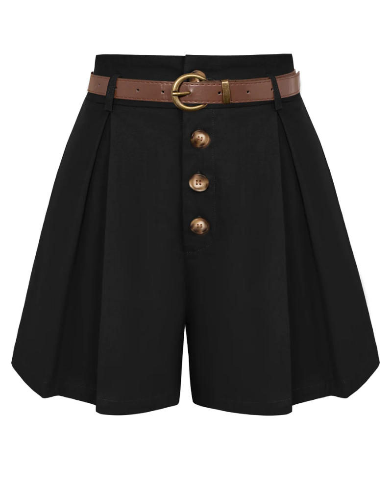 belle poque Womens Shorts Casual High Waisted Summer Pleated Wide Leg Shorts with Pockets and Belt Black