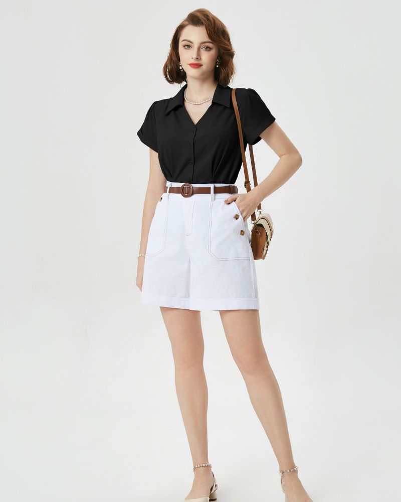 belle poque Short Sleeve Button Down Polka Dot Patterns Shirts Vintage Shirts Business Blouse Tops