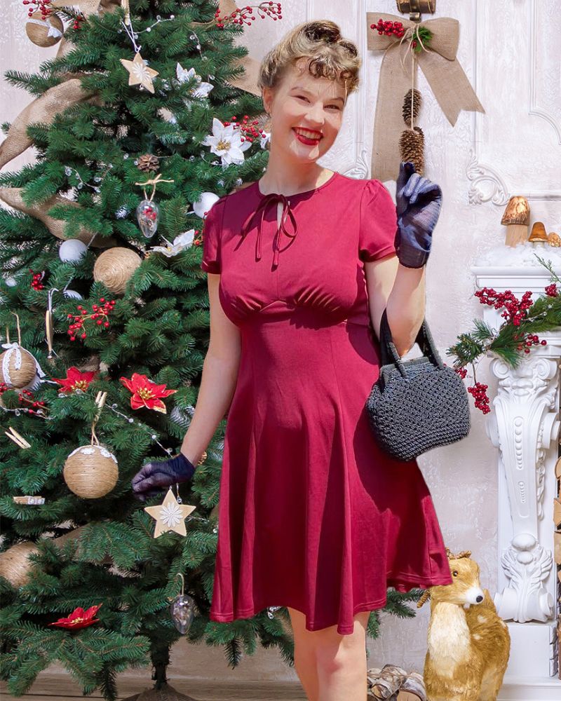 belle poque Vintage A-Line Swing Dress Keyhole Tie Dress Round Neck Work Dress Tea Dress