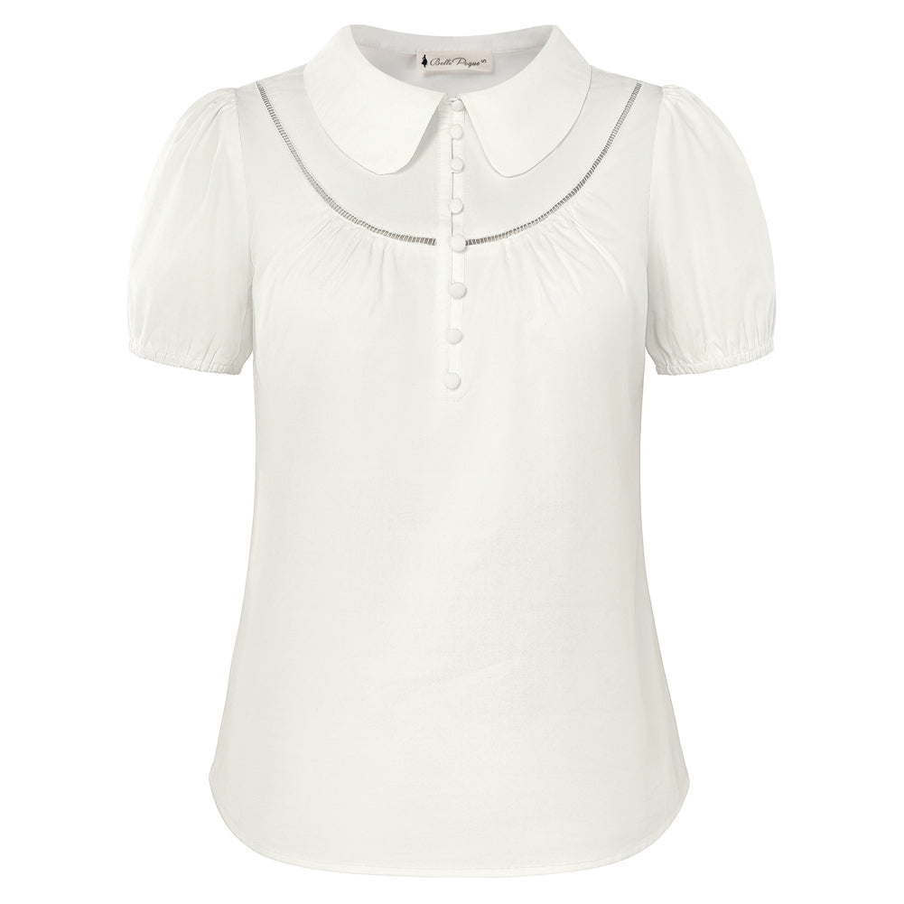 belle poque 2026 Puff Sleeve Cotton Blouses for Women Peter Pan Collar Dressy Work Shirts White