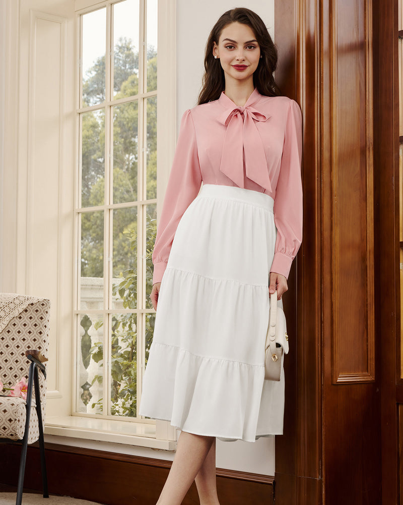 belle poque Women's Bow Tie Neck Blouse Button Down Shirt for Work Office Casual