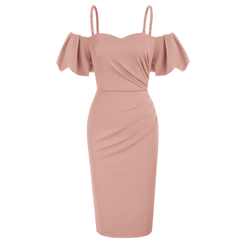 belle poque Two-Way Ruched Dress Spaghetti Straps Off-Shoulder Bodycon Slip Dress-Virtual Available Inventory Light Pink