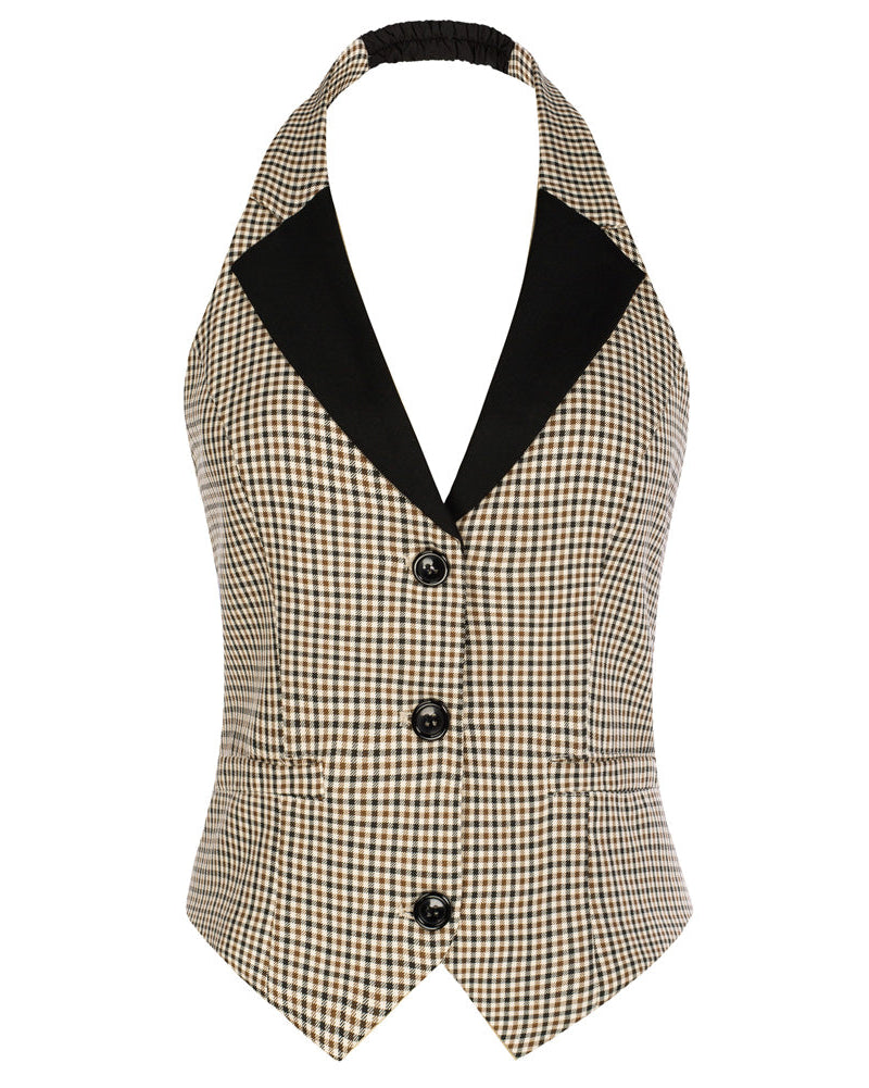 belle poque Waistcoat Vest Vintage Halter Lapel Button Down Suit Vest with Pockets Plaid