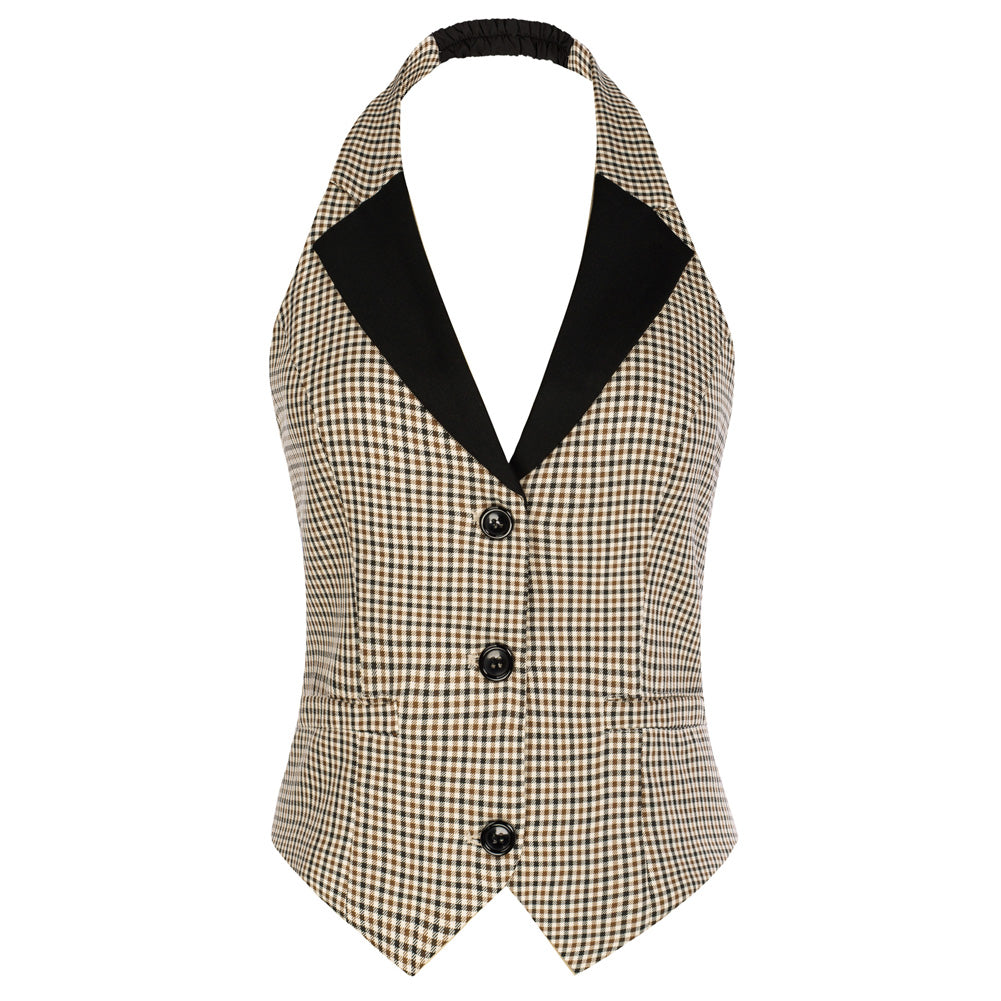 belle poque Waistcoat Vest Vintage Halter Lapel Button Down Suit Vest with Pockets Plaid