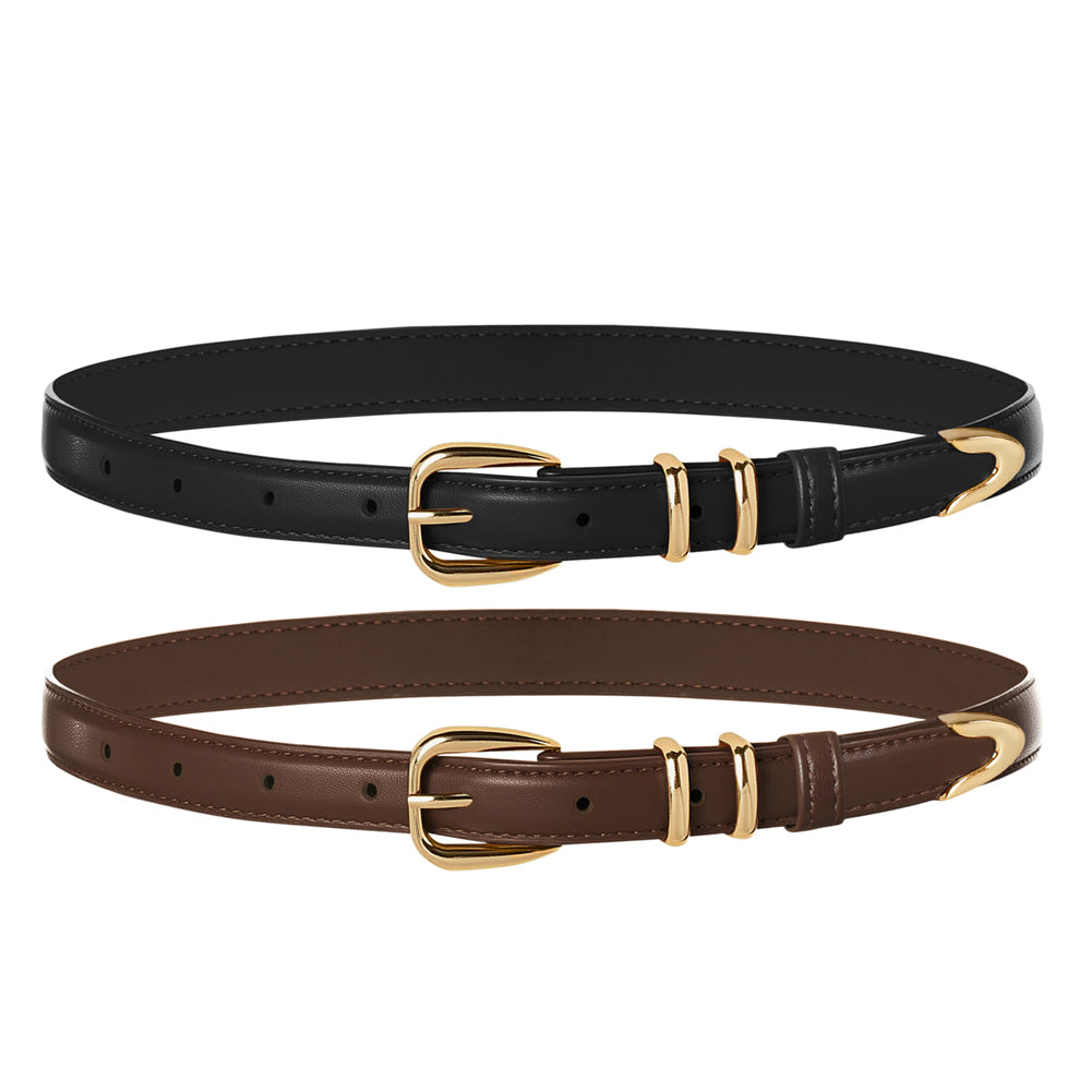 belle poque Women 2pcs Classic Buckle Waist Belt Ladies Polyurethane Leather Narrow Belt SET1