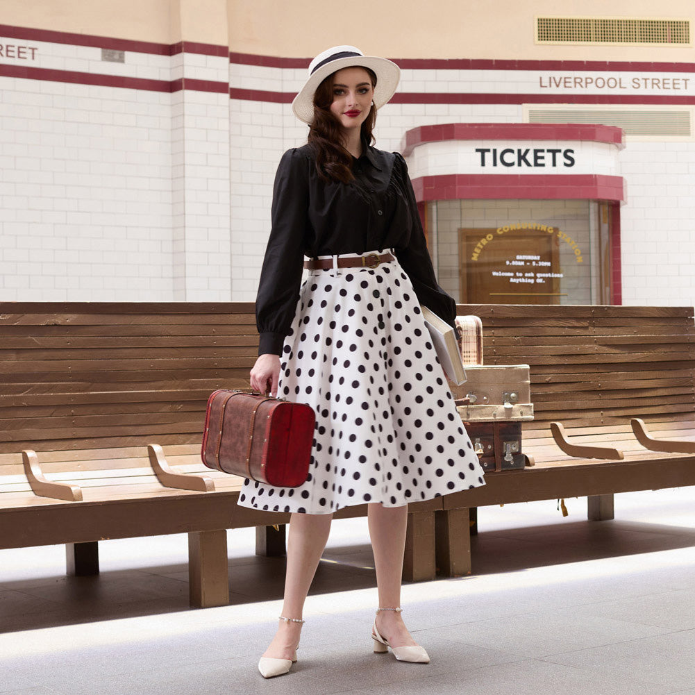 belle poque Swing Skirt with Belt Elastic High Waist Buttons Decorated Skirt