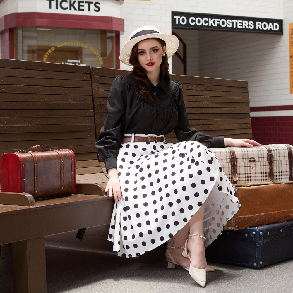 belle poque Swing Skirt with Belt Elastic High Waist Buttons Decorated Skirt