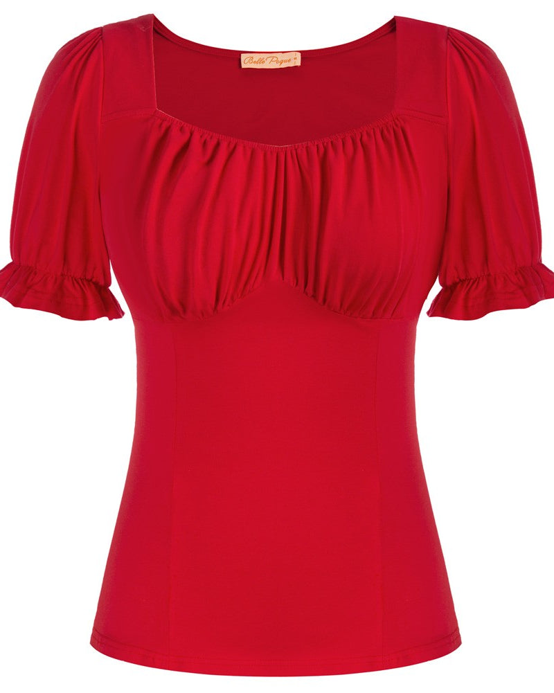 belle poque Solid Color Cotton Tops Slim Fit Puffed Short Sleeve Ruched Tops Red