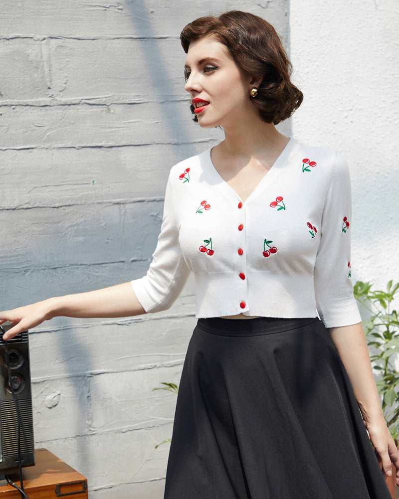 belle poque 3/4 Sleeve V-Neck Button Down Cherries Embroidery Cropped Cardigan Sweater Coat