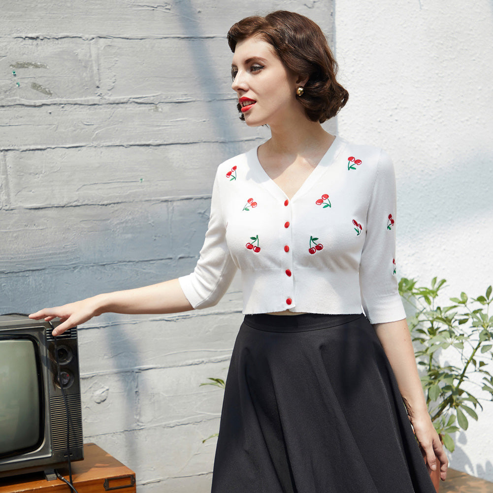 belle poque Women's 3/4 Sleeve Button Down Cherries Embroidery Cropped Cardigan Sweater Coat