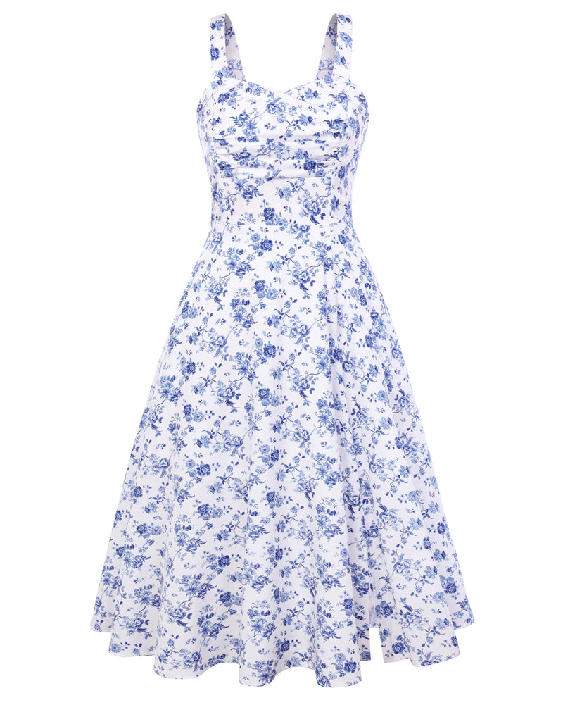 belle poque Vintage 1950s Cocktail Dress Ruched Slit A Line Swing Dress with Pockets Blue Floral