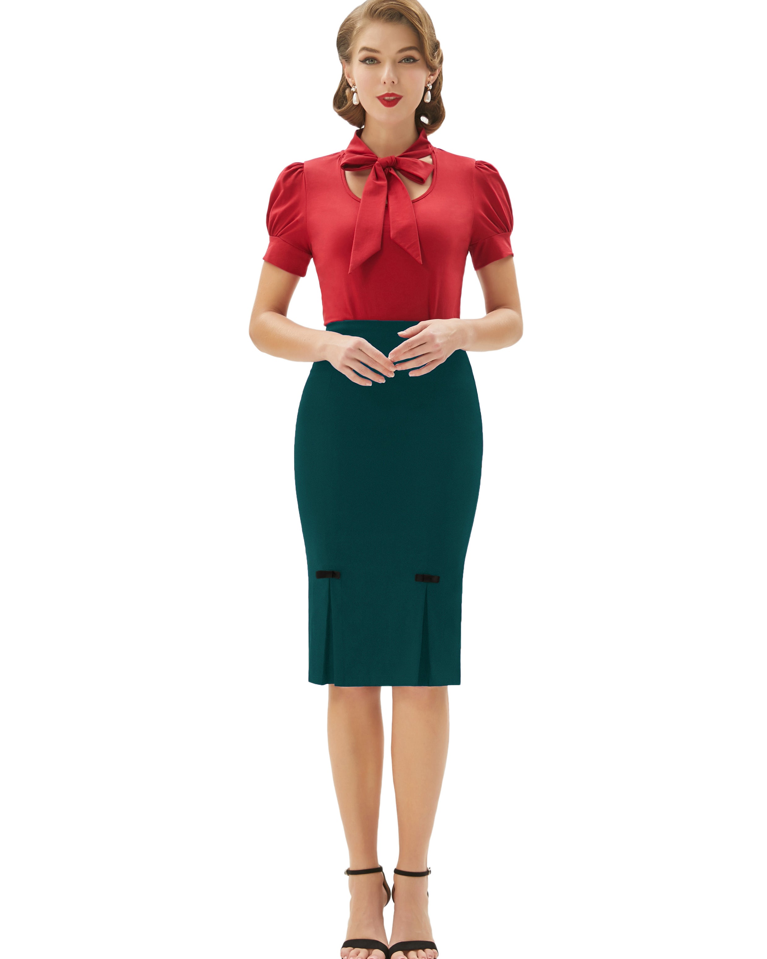 belle poque Vintage Bow-Knot Decorated Hips-Wrapped Bodycon Pencil Skirt