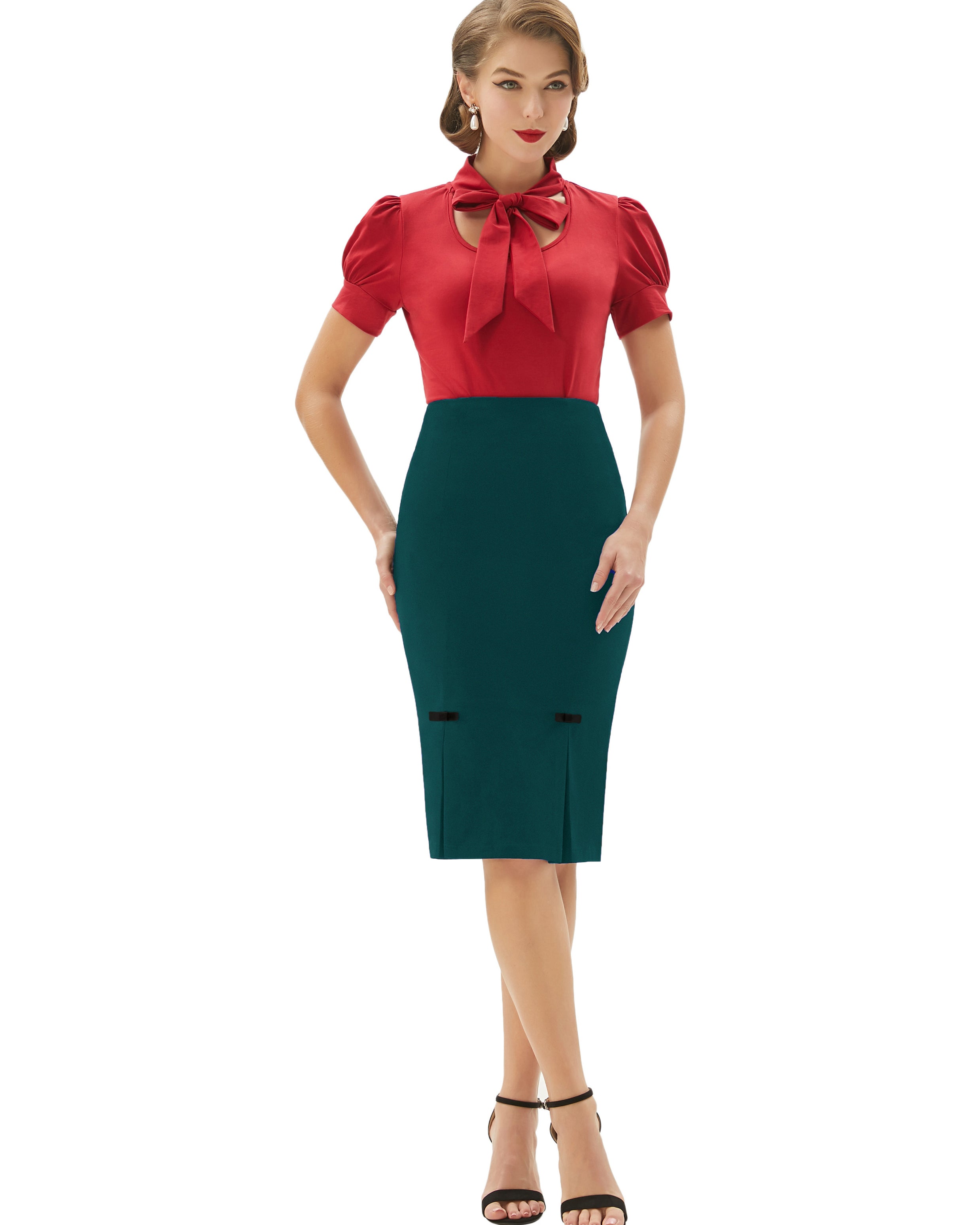 belle poque Vintage Bow-Knot Decorated Hips-Wrapped Bodycon Pencil Skirt