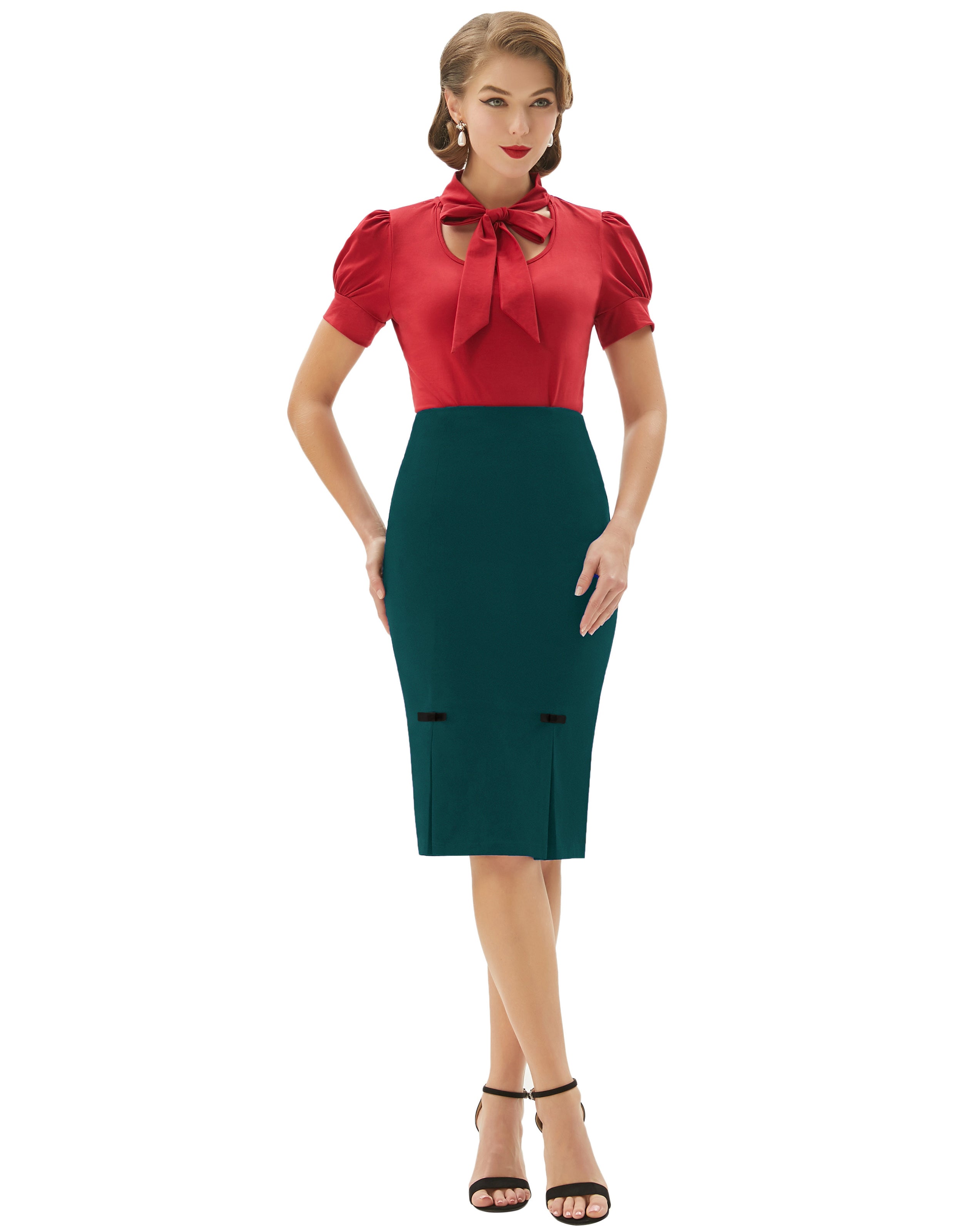 belle poque Vintage Bow-Knot Decorated Hips-Wrapped Bodycon Pencil Skirt