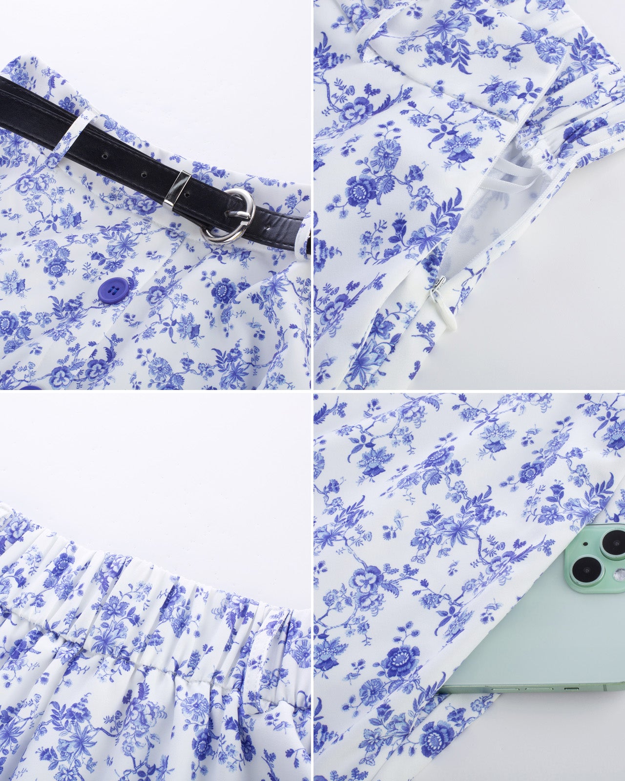 belle poque Swing Skirt with Belt Elastic High Waist Buttons Decorated Skirt