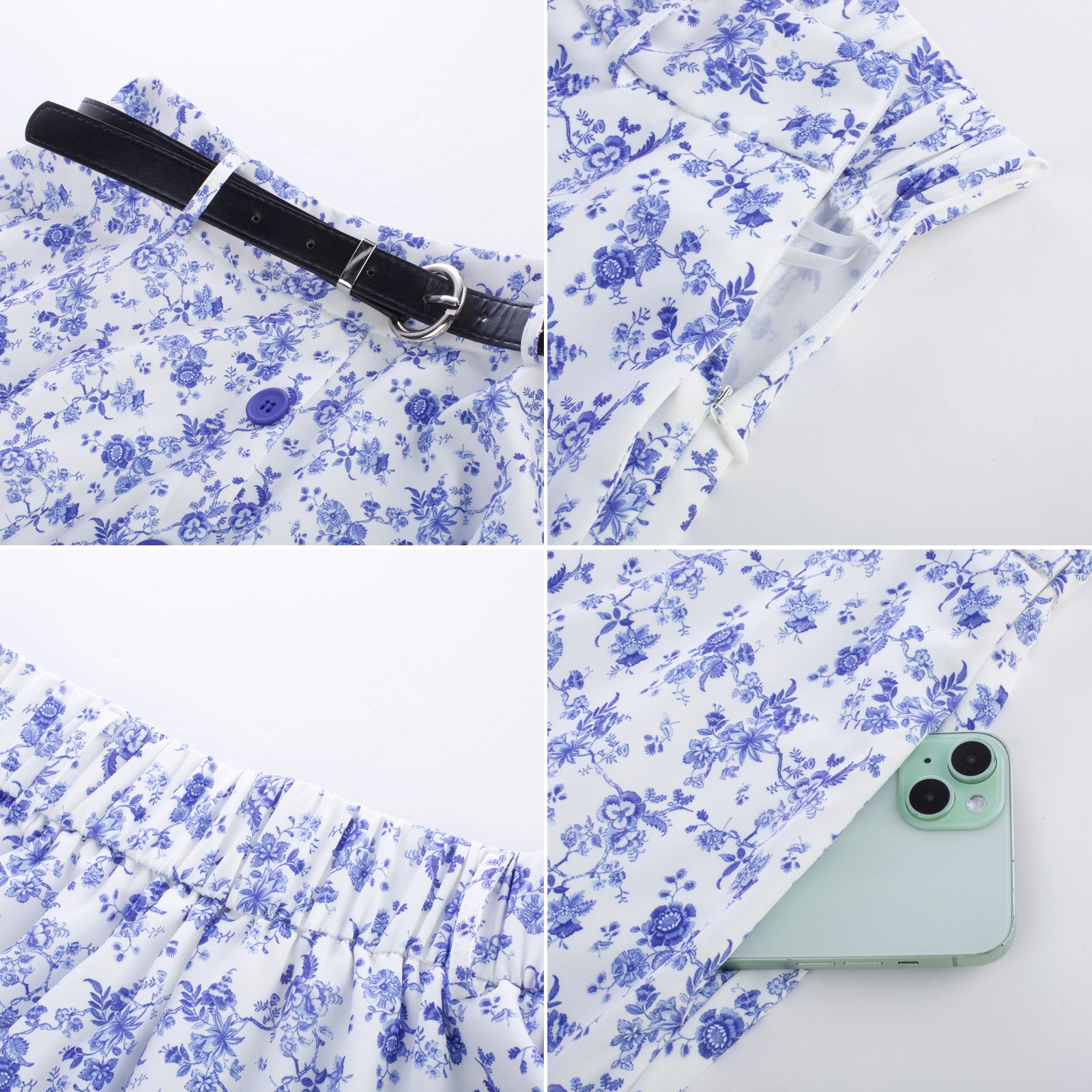 belle poque Swing Skirt with Belt Elastic High Waist Buttons Decorated Skirt