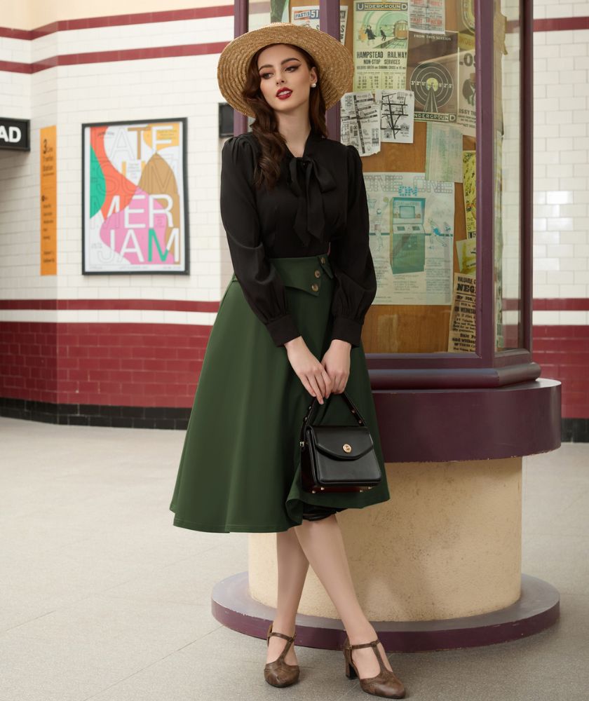 belle poque Vintage A-Line Skirt High Waisted Midi Skirt with Pockets & Buttons